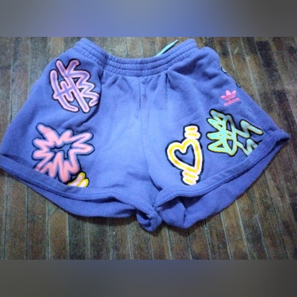 Adidas Women's Purple High Waist Shorts with Graphic Accents